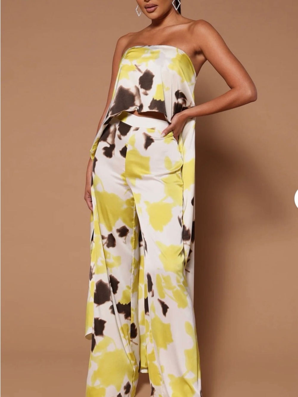 Fashion Nova Abbey High low top-Jumpsuit in Yellow and Brown Floral